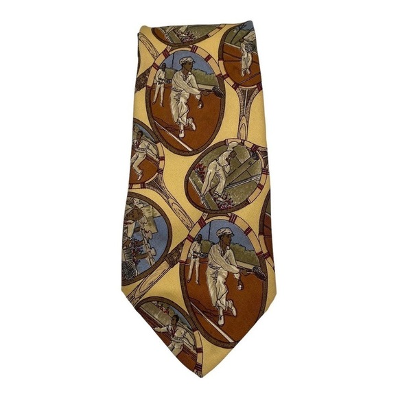 Vintage 90s Polo Ralph Lauren Men's Tennis Print Gold Background Silk Neck Tie - Picture 1 of 5